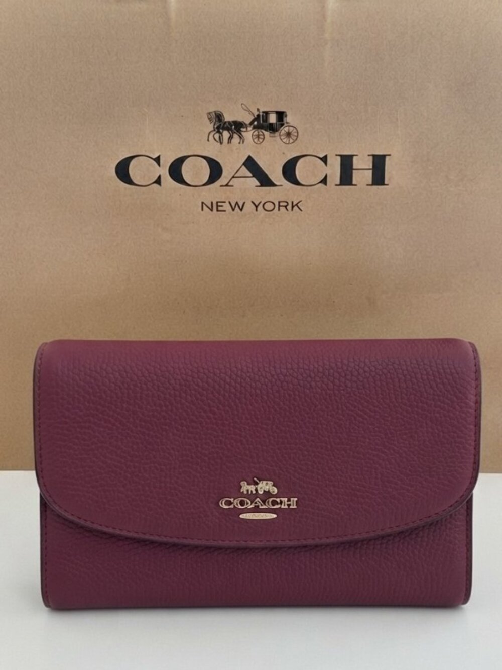 Coach Pebbled Leather Long Wallet Burgundy